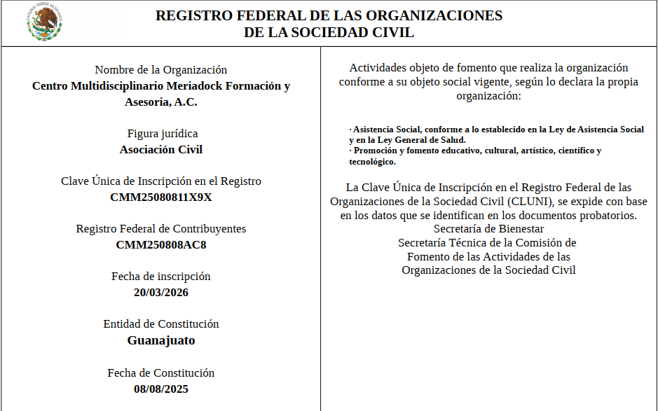 Constancia de Inscripción CLUNI – Centro Multidisciplinario Meriadock